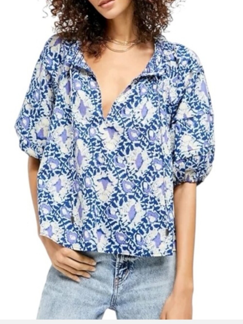 Free People Willow Printed Puff Sleeve Tie Neck Blouse‎